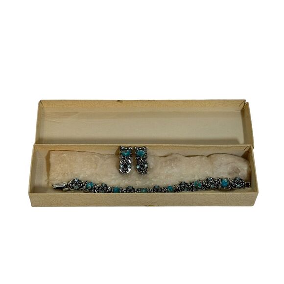 Vintage Chain Bracelet And Earrings Set Stones Gems Owl Shaped Clip Earrings - Picture 1 of 11